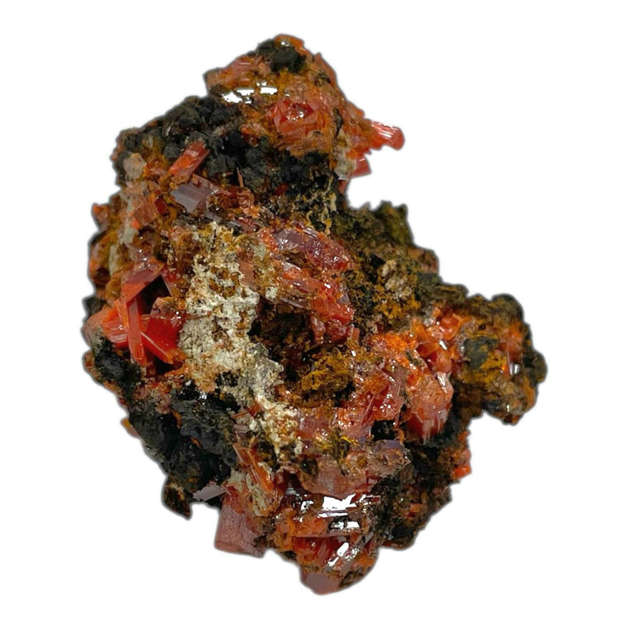 GeoFossils Crocoite Mineral Specimen, featuring vivid red-orange needle crystals in a raw matrix, ideal for display and energetic activation.