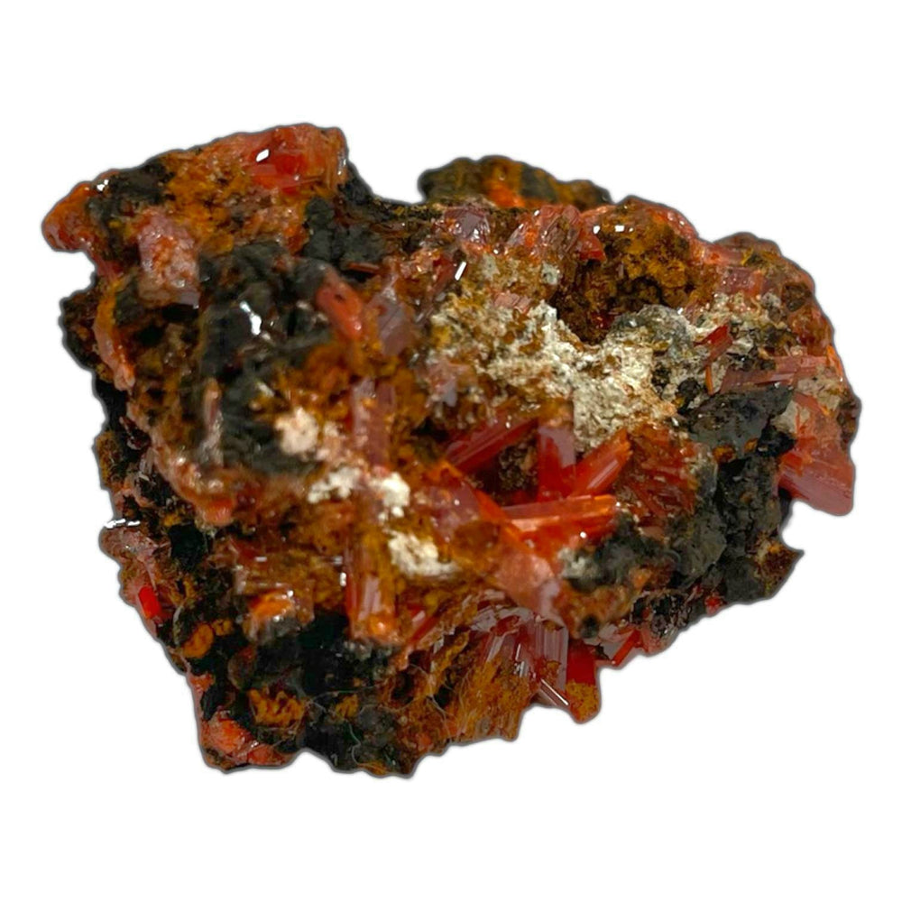 GeoFossils Crocoite Mineral Specimen, featuring vivid red-orange needle crystals in a raw matrix, ideal for display and energetic activation.