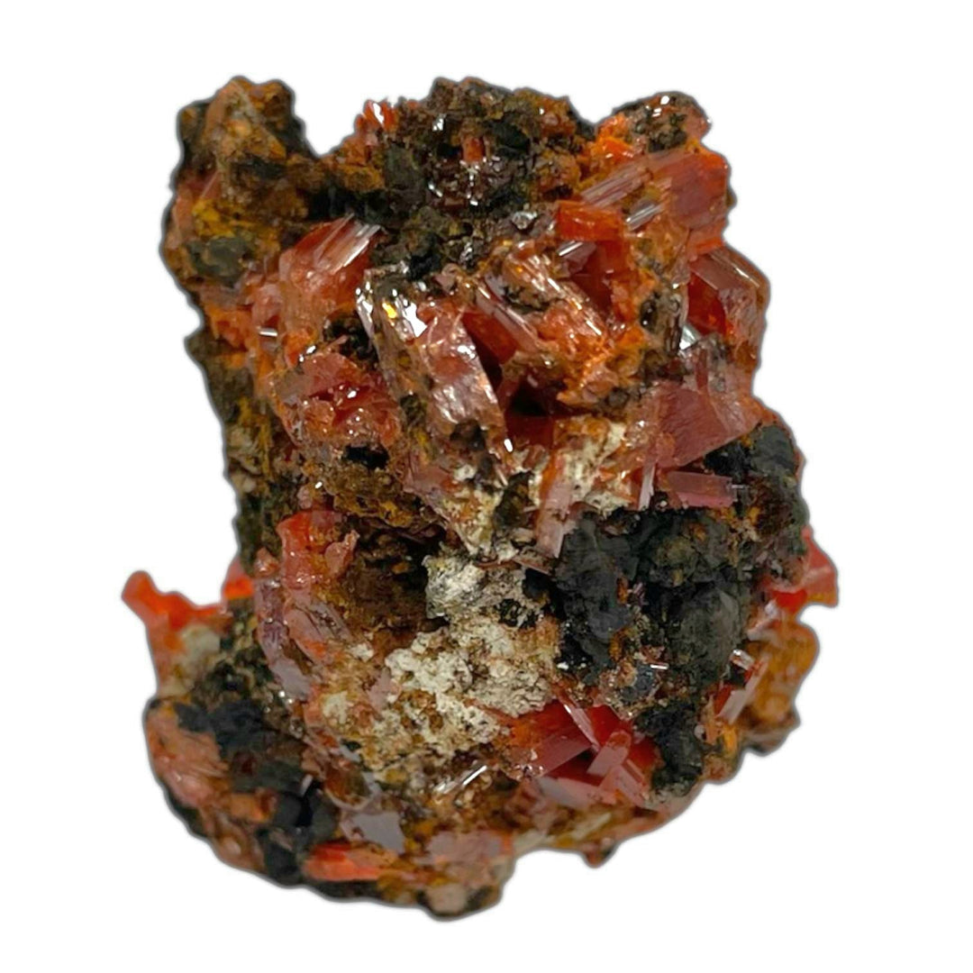 GeoFossils Crocoite Mineral Specimen, featuring vivid red-orange needle crystals in a raw matrix, ideal for display and energetic activation.
