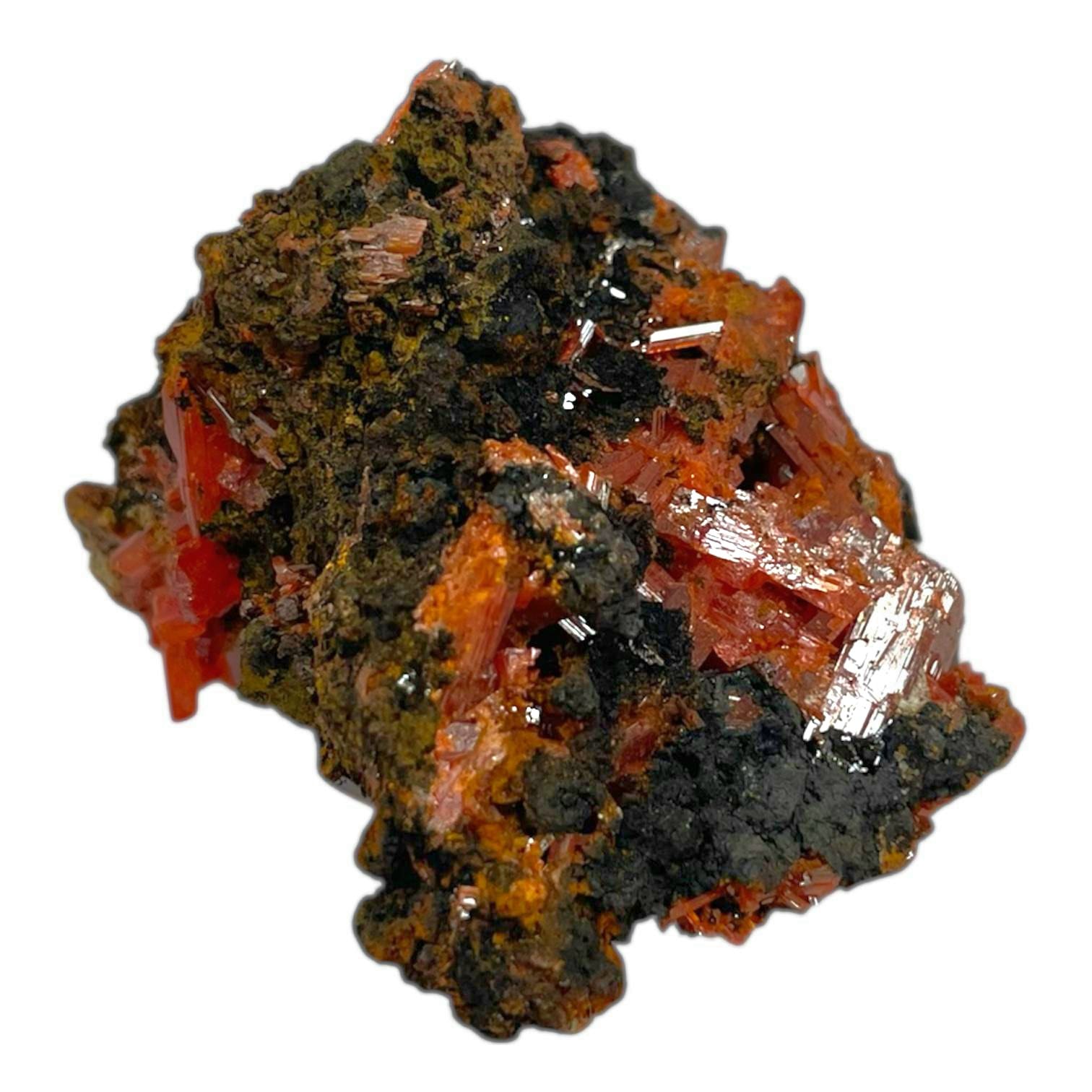 GeoFossils Crocoite Mineral Specimen, featuring vivid red-orange needle crystals in a raw matrix, ideal for display and energetic activation.