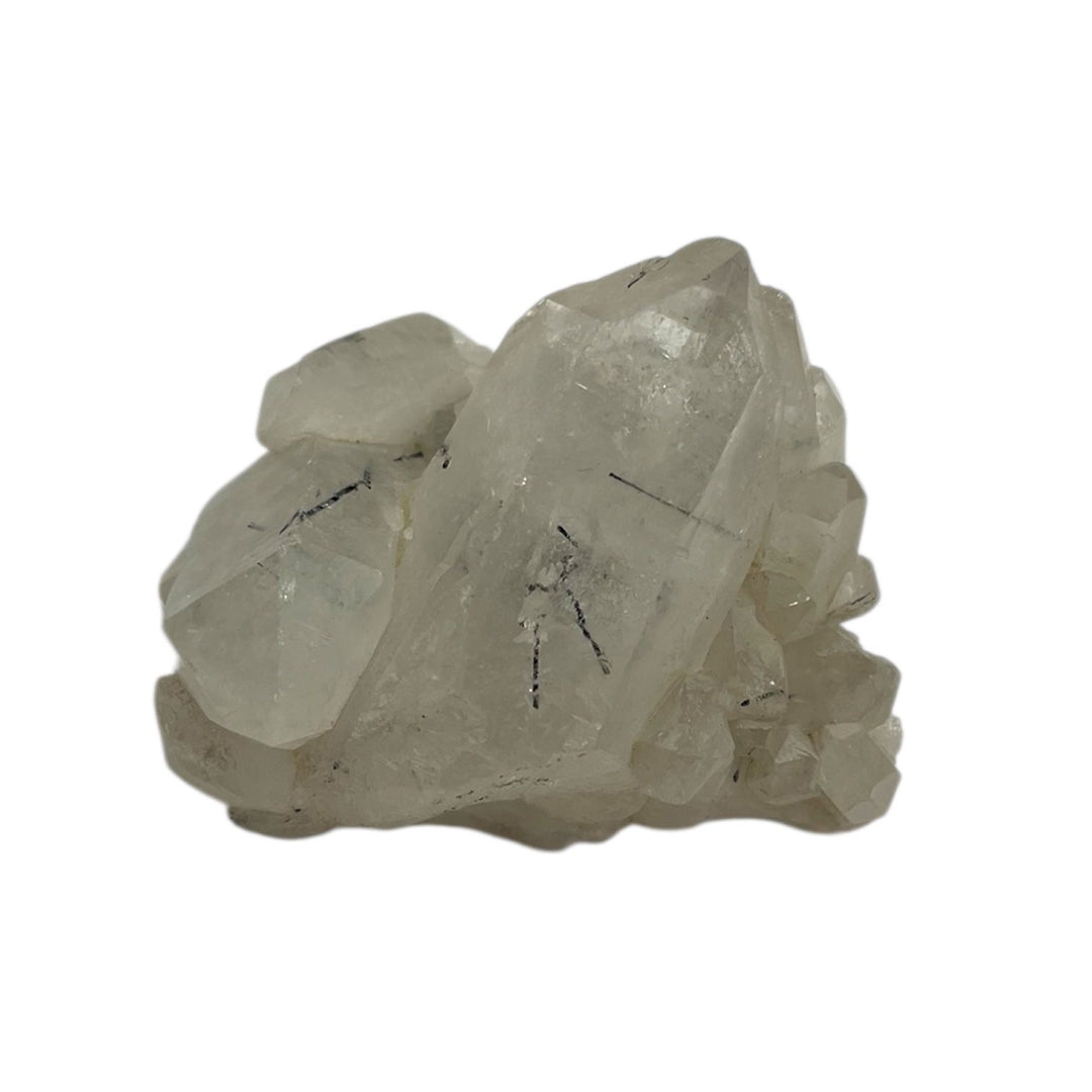 Quartz cluster with embedded black Tourmaline rods from Minas Gerais, Brazil – high-contrast natural mineral specimen for collectors.