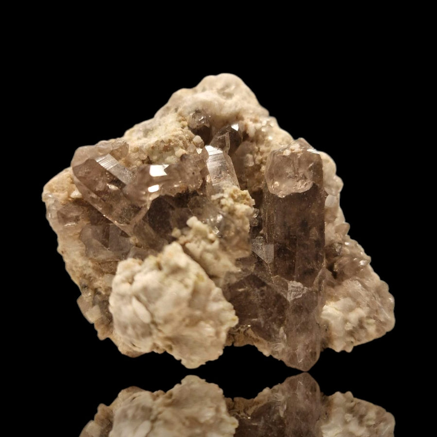 GeoFossils Smokey Quartz on Matrix from Furka Pass, Switzerland – a high-lustre, three-dimensional cluster of dark quartz crystals on natural host rock.