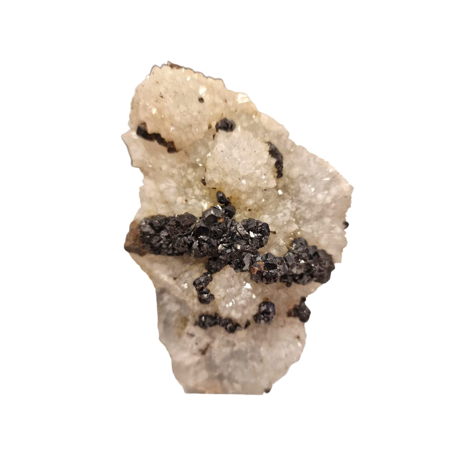 GeoFossils Sphalerite on Quartz from the UK, a striking mineral specimen combining grounding metallic crystals with amplifying quartz clarity.