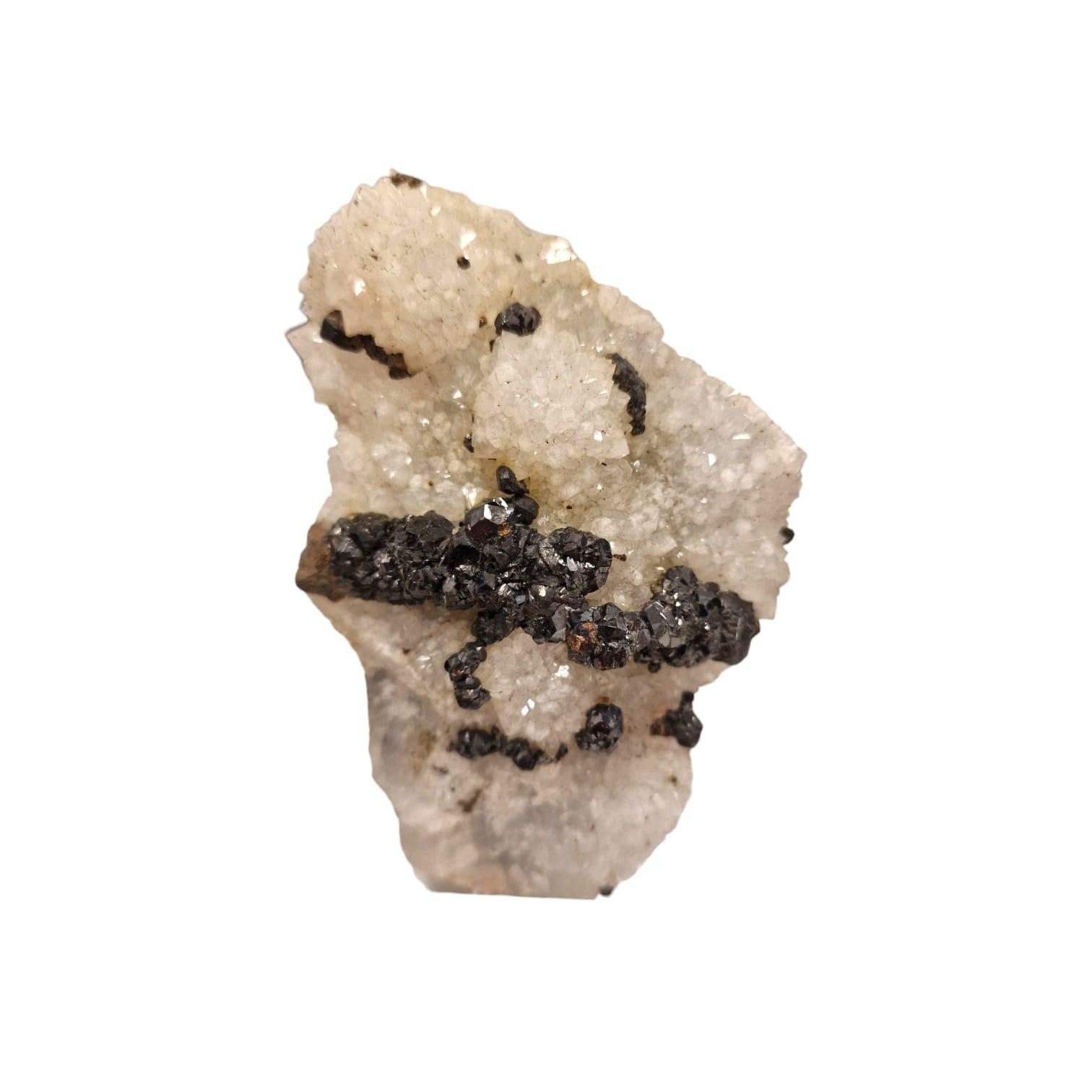 GeoFossils Sphalerite on Quartz from the UK, a striking mineral specimen combining grounding metallic crystals with amplifying quartz clarity.