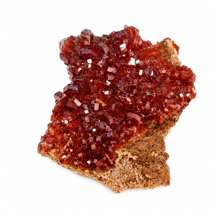 Natural Vanadinite mineral specimen with vibrant red hexagonal crystal clusters on earthy matrix from Morocco.