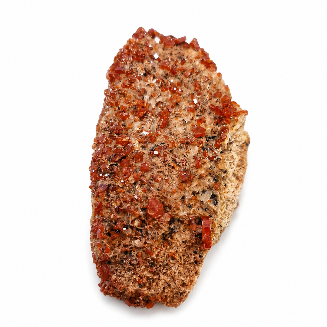 Collector quality Vanadinite crystal specimen displaying deep orange-red crystal formations and natural mineral texture.
