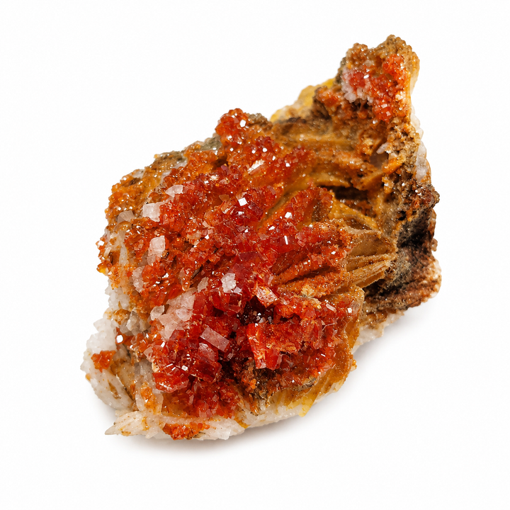 raw Vanadinite mineral specimen featuring sparkling red hexagonal crystals with natural geological structure.
