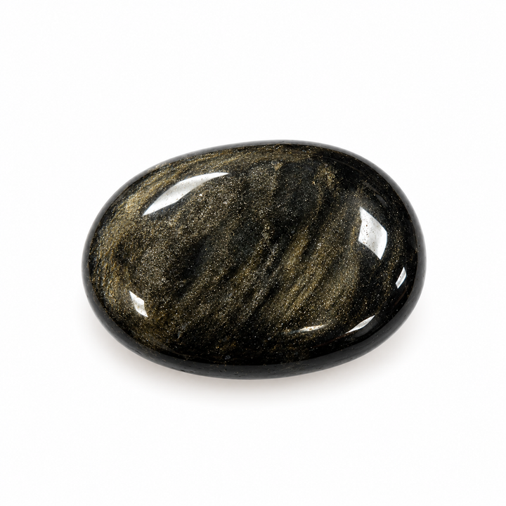 Polished oval Gold Sheen Obsidian stone with a glossy black surface and subtle golden reflections, included in the GeoFossils Scorpio Zodiac Crystal Set.
