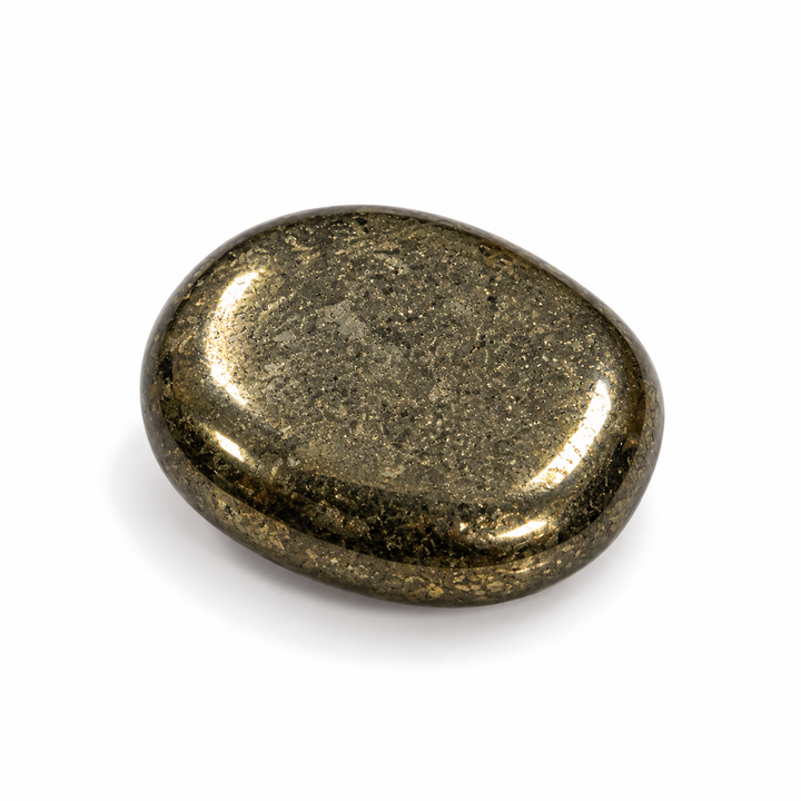 Polished Pyrite tumble stone featuring a metallic golden-bronze finish and smooth rounded shape, photographed against a white background.