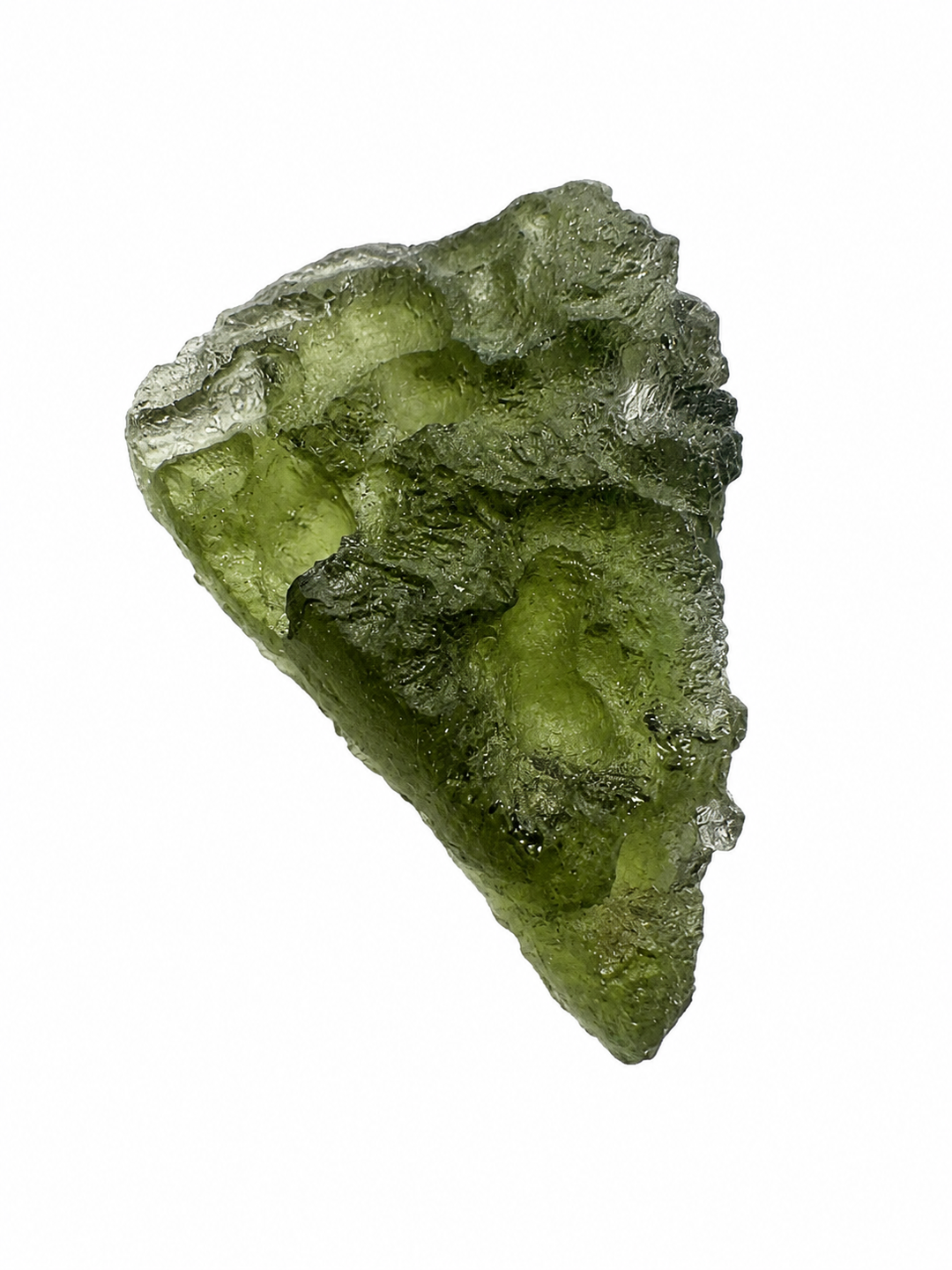 Genuine Moldavite specimen from the Czech Republic on a white background.