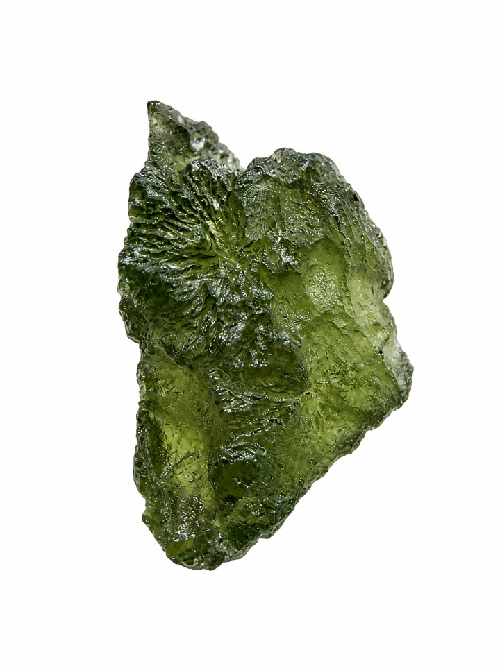 Collector-grade Moldavite specimen photographed on a white background.