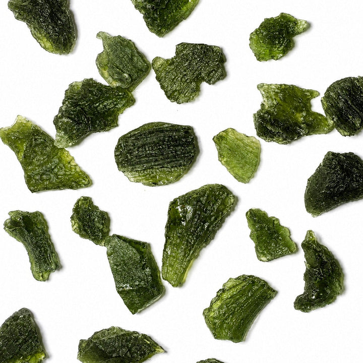 Multiple small translucent green Moldavite crystal pieces scattered on a plain white background.
