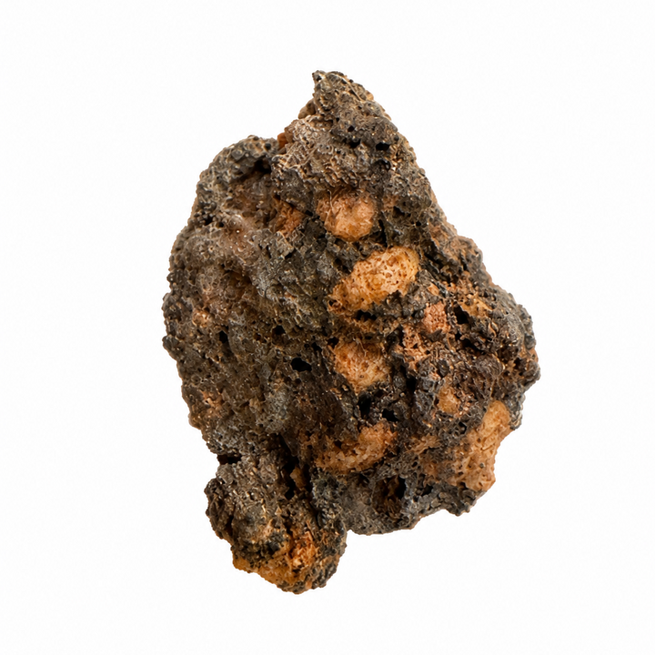 Front view of a natural Monturaqui Impactite from Chile with visible impact melt matrix and light-coloured mineral inclusions.