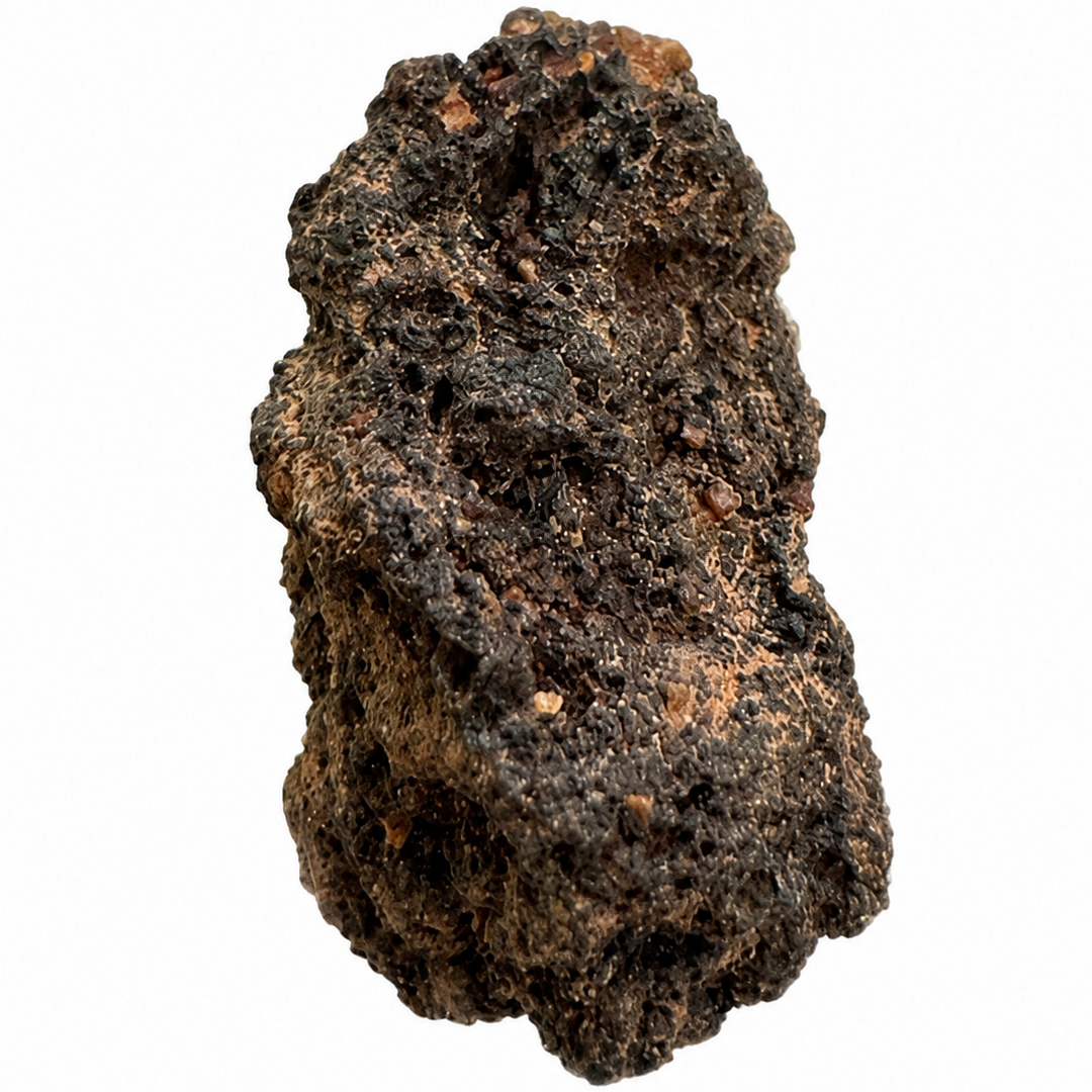 Angled view of a Monturaqui Impactite specimen from the Monturaqui crater, highlighting its porous surface and impact-formed structure.