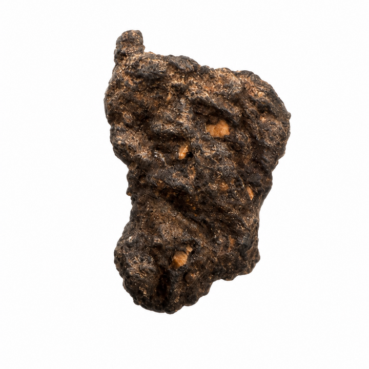 Natural Monturaqui Impactite specimen from Chile displaying a dark impact melt matrix with exposed mineral fragments.