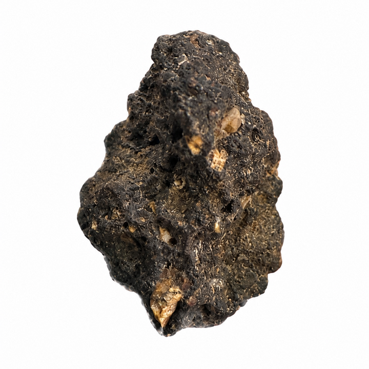 Close-up view of a Monturaqui Impactite specimen from the Monturaqui impact crater, showing intricate vesicles and impact breccia texture.