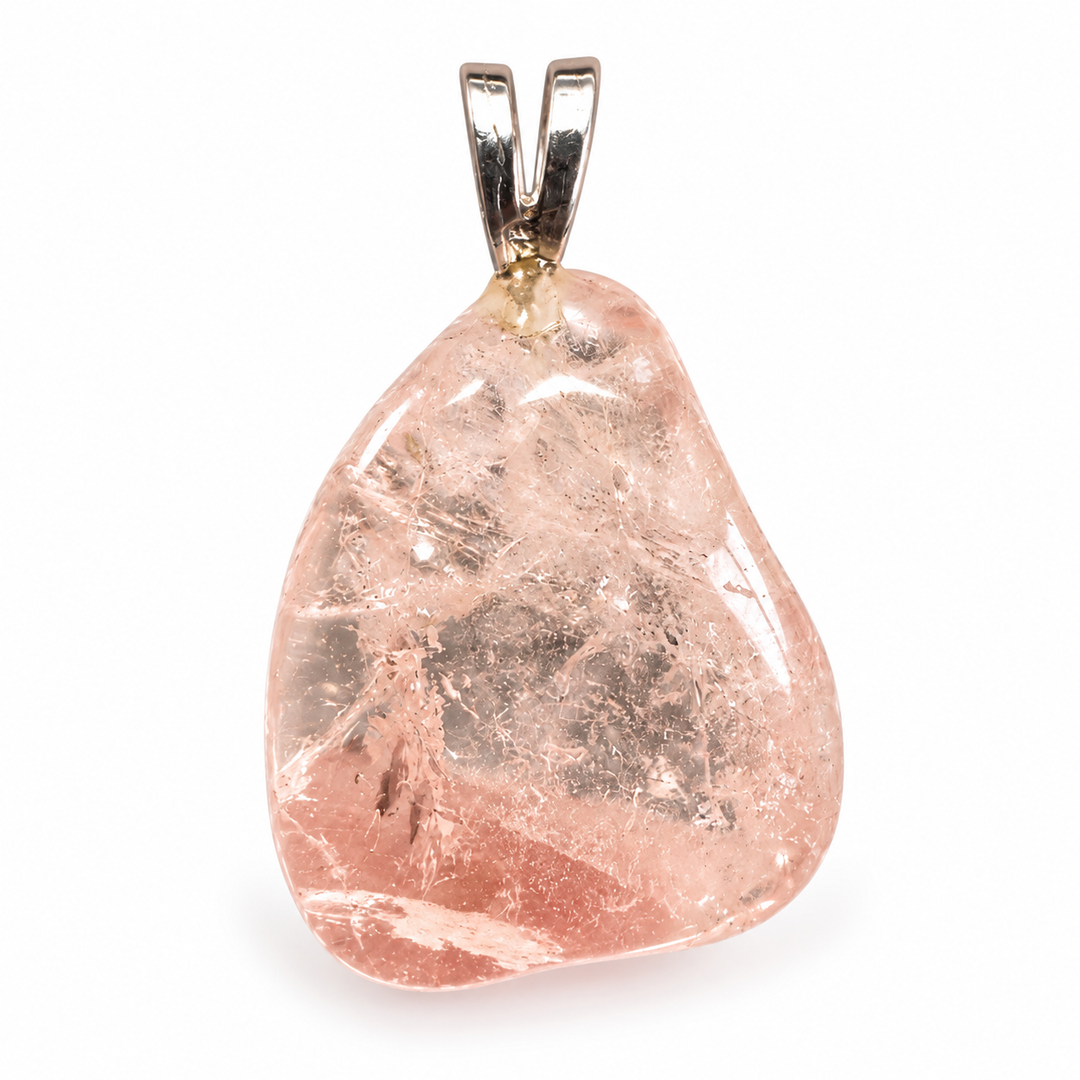 GeoFossils Morganite Tumblestone Pendant featuring a polished pale blush-pink gemstone with natural inclusions and a sterling silver bail, photographed from the front against a white background.