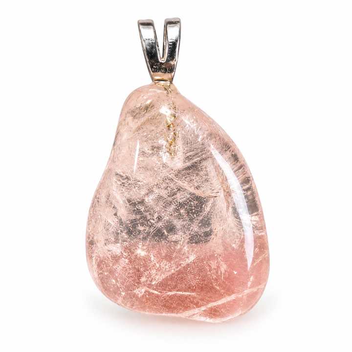 GeoFossils Morganite Tumblestone Pendant showing the reverse of the translucent pink gemstone, with visible internal patterns, natural inclusions and a sterling silver bail on a white background.