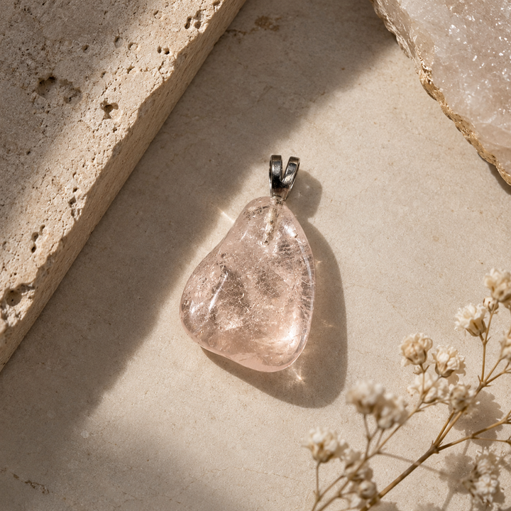 GeoFossils Morganite Tumblestone Pendant with natural pink translucency and a sterling silver bail, styled on a warm beige stone surface with dried flowers and soft sunlight.