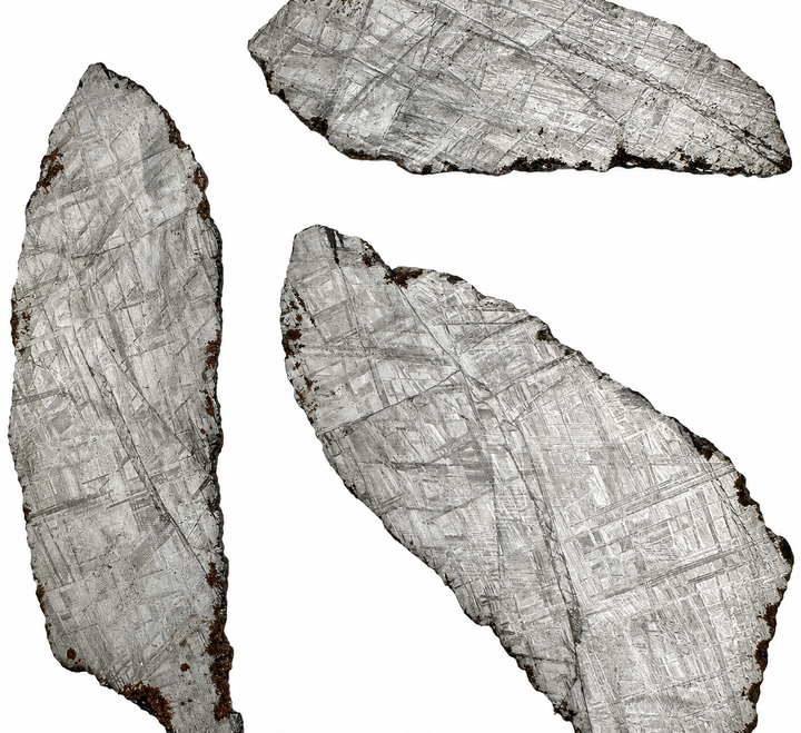 Three individually numbered Muonionalusta meteorite slices from Sweden displaying etched Widmanstätten patterns on a white background.