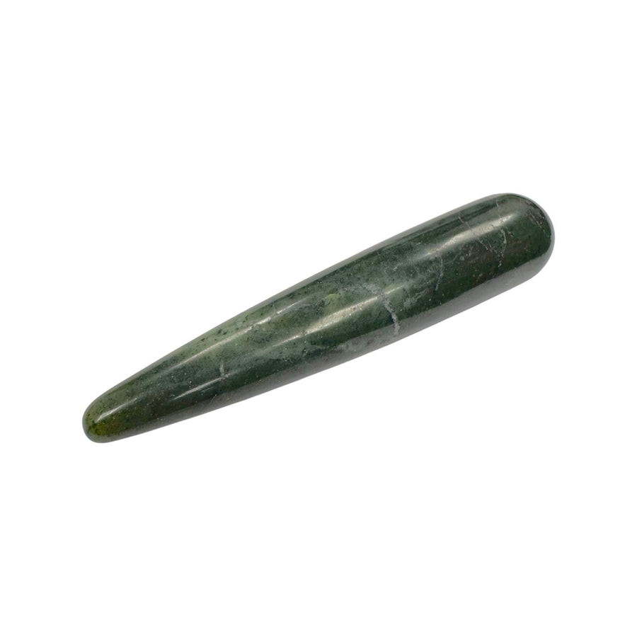 Polished Nephrite Jade crystal massage wand in rich green tones with subtle natural mottling, featuring a smooth cylindrical shape and rounded ends, traditionally used for soothing massage, vitality, and emotional balance