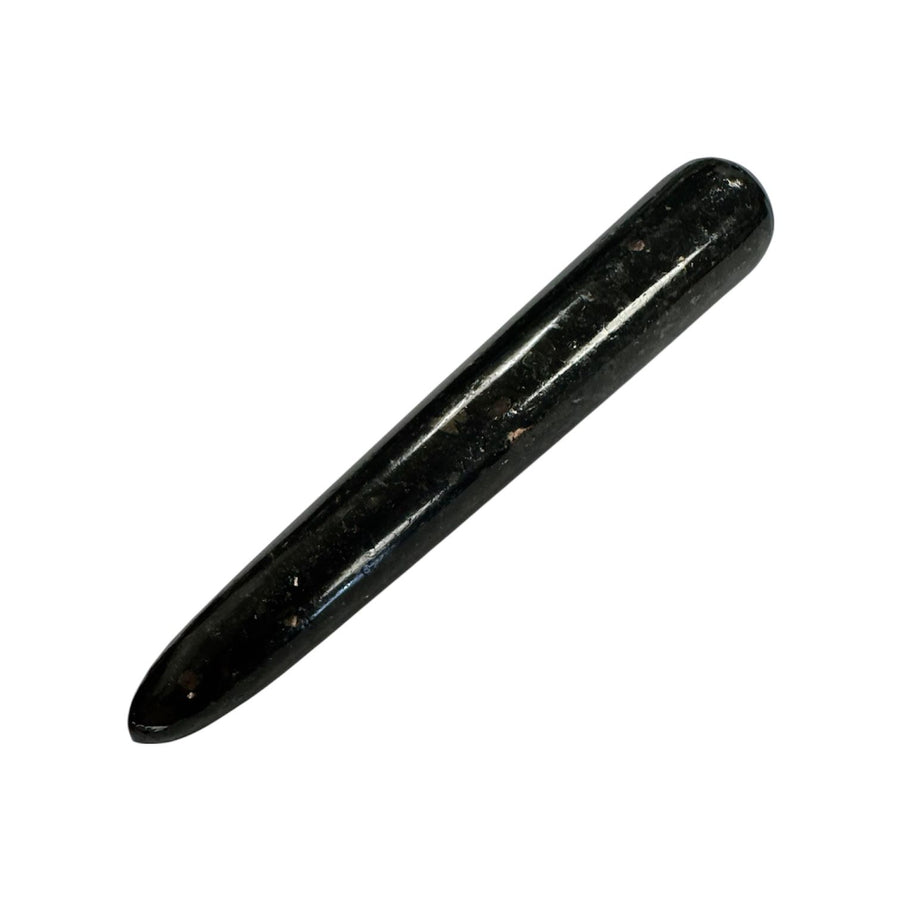Polished Nuummite crystal massage wand with a deep black base and shimmering iridescent flashes of gold and blue, smooth and cylindrical with rounded ends, ideal for deep healing, protection, and energy alignment