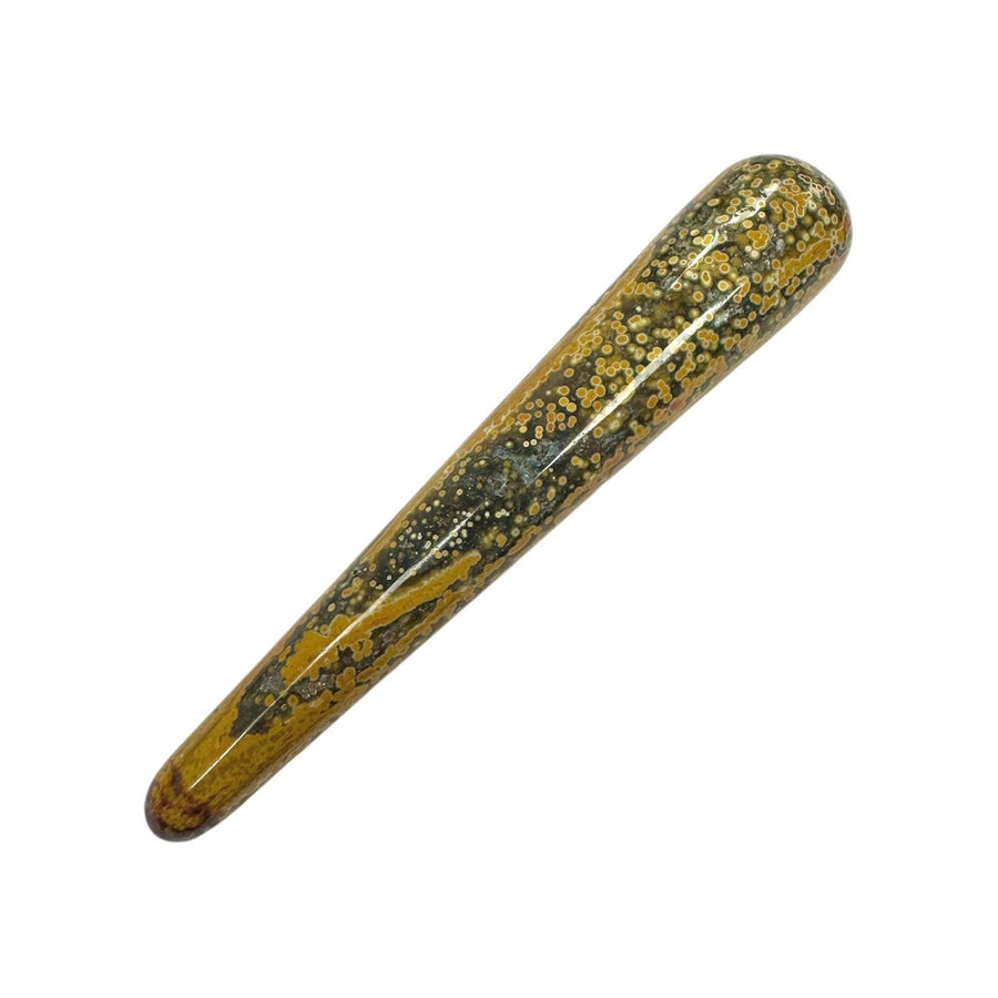 Polished Ocean Jasper crystal massage wand showcasing multicoloured orb-like patterns in shades of green, cream, pink, and brown, with a smooth cylindrical shape and rounded ends, ideal for uplifting massage, emotional renewal, and heart chakra work