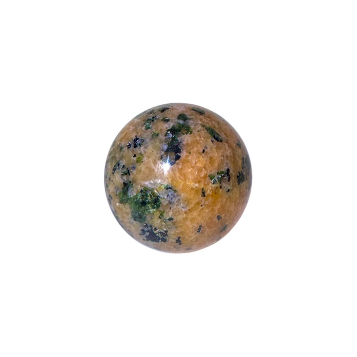 GeoFossils Orange Calcite Sphere with Green & Black Tourmaline Inclusions – Madagascan crystal sphere for creativity, heart healing, grounding, and energy protection.