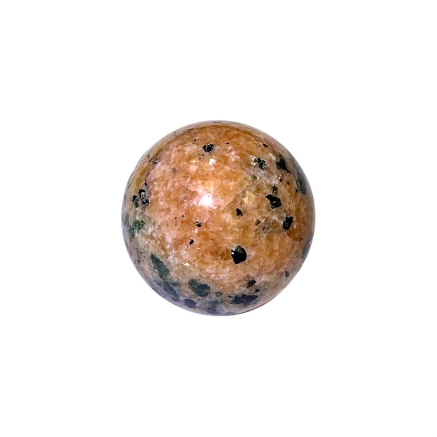 GeoFossils Orange Calcite Sphere with Green & Black Tourmaline Inclusions – Madagascan crystal sphere for creativity, heart healing, grounding, and energy protection.