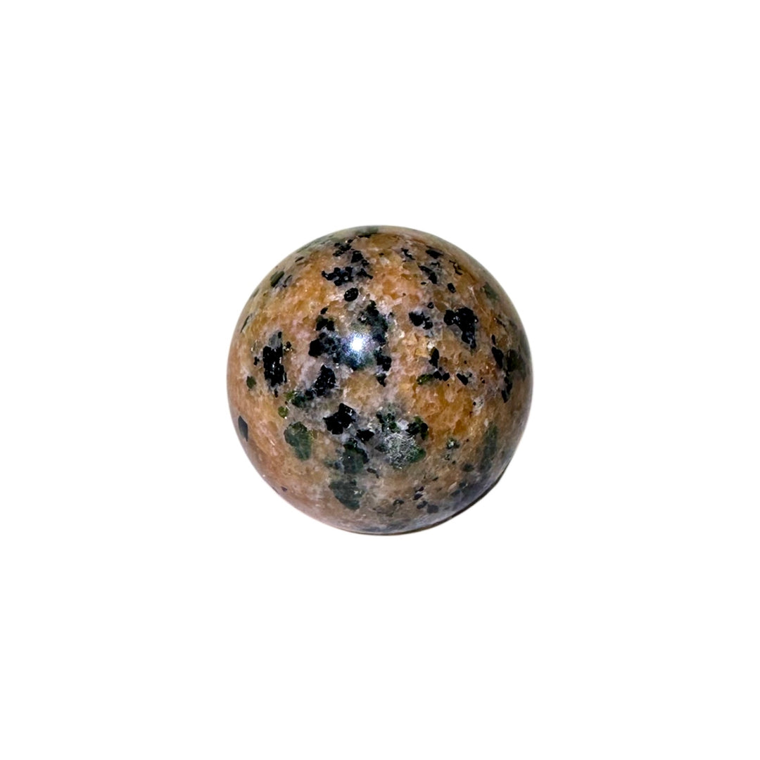 GeoFossils Orange Calcite Sphere with Green & Black Tourmaline Inclusions – Madagascan crystal sphere for creativity, heart healing, grounding, and energy protection.
