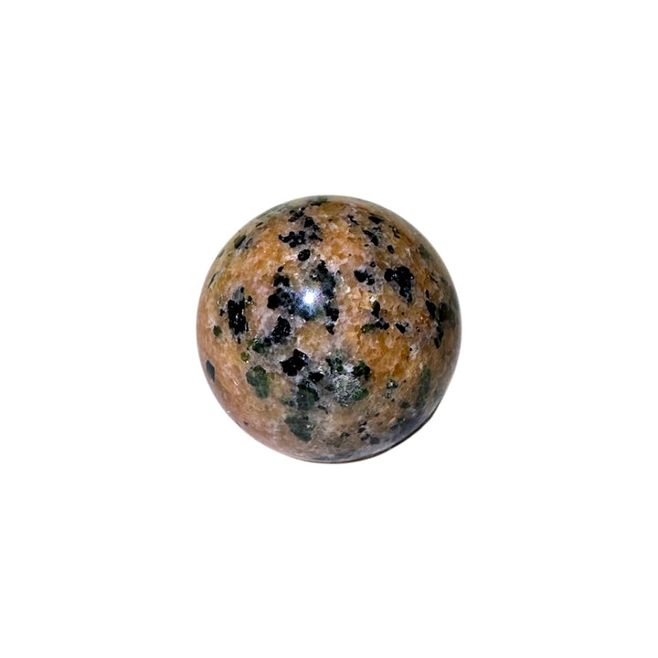 GeoFossils Orange Calcite Sphere with Green & Black Tourmaline Inclusions – Madagascan crystal sphere for creativity, heart healing, grounding, and energy protection.