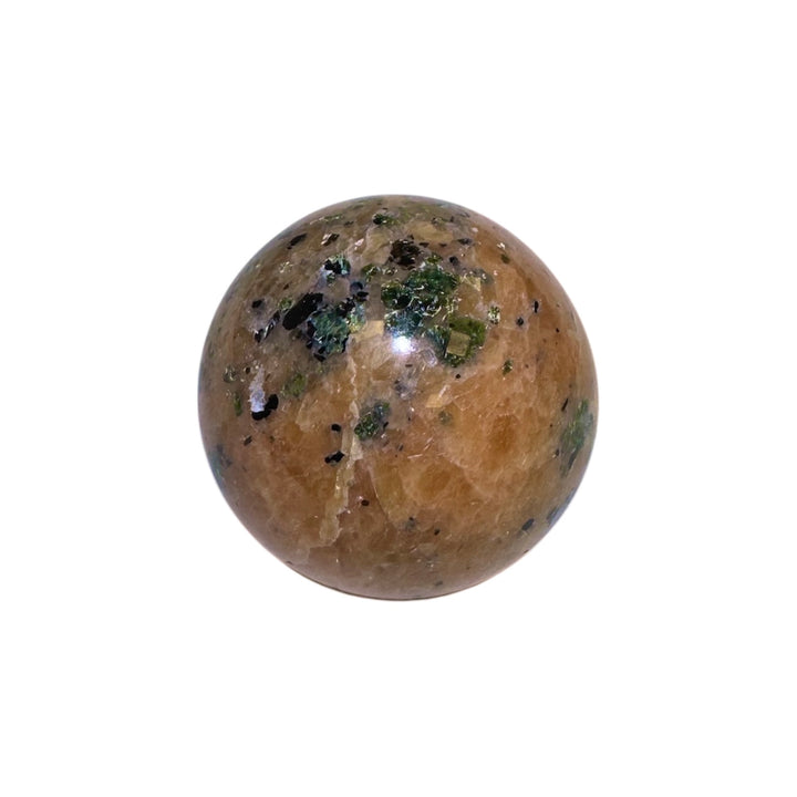 GeoFossils Orange Calcite Sphere with Green & Black Tourmaline Inclusions – Madagascan crystal sphere for creativity, heart healing, grounding, and energy protection.