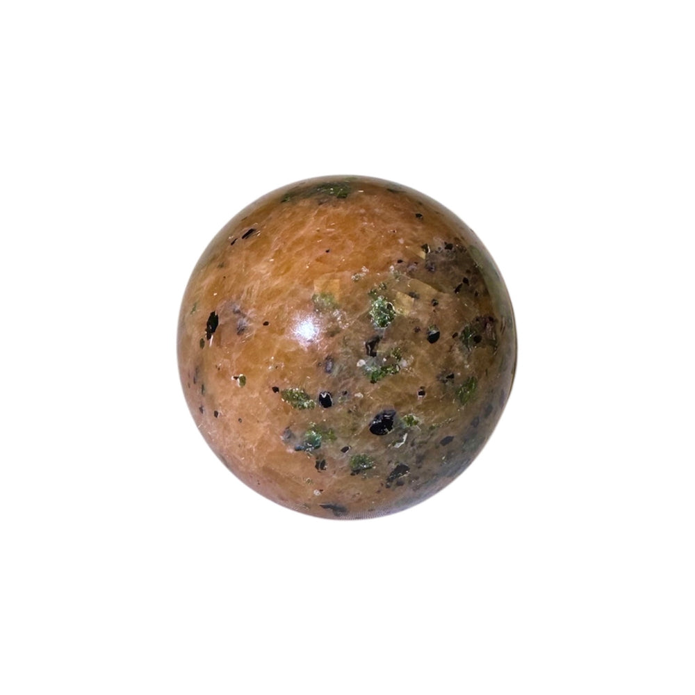 GeoFossils Orange Calcite Sphere with Green & Black Tourmaline Inclusions – Madagascan crystal sphere for creativity, heart healing, grounding, and energy protection.
