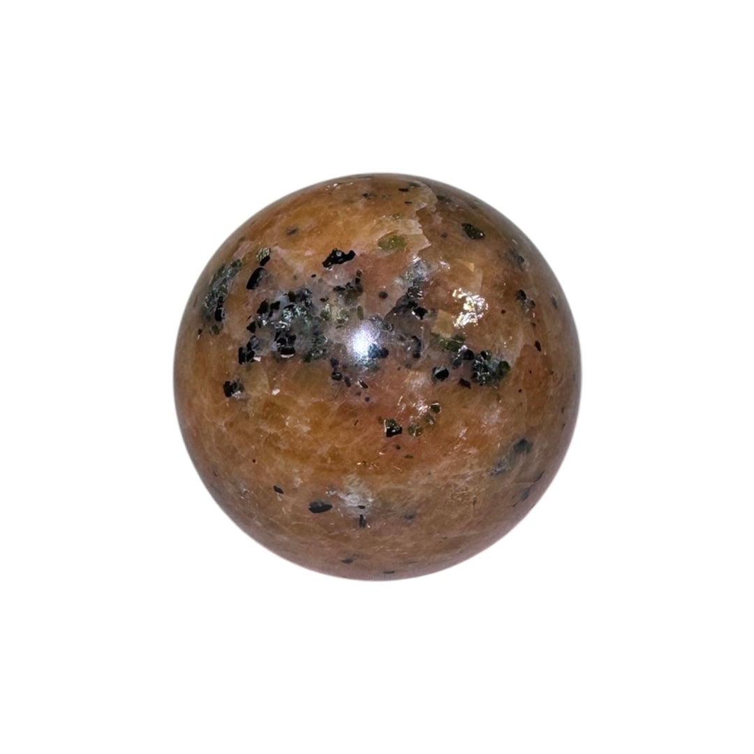 GeoFossils Orange Calcite Sphere with Green & Black Tourmaline Inclusions – Madagascan crystal sphere for creativity, heart healing, grounding, and energy protection.
