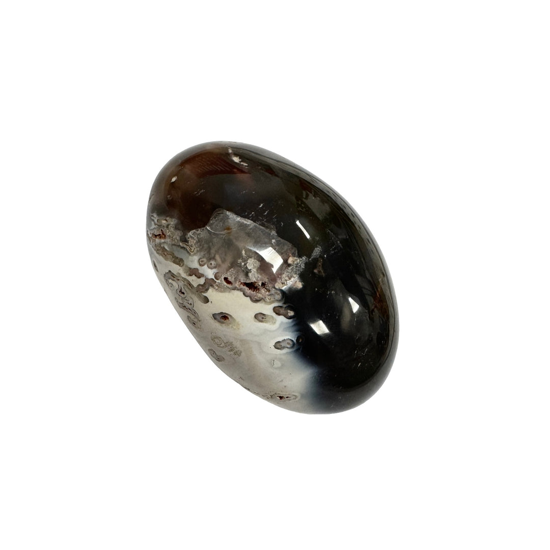 GeoFossils Orca Agate Galets – intuitively picked polished crystal with black and white orca-like banding, for truth, communication, and resilience.