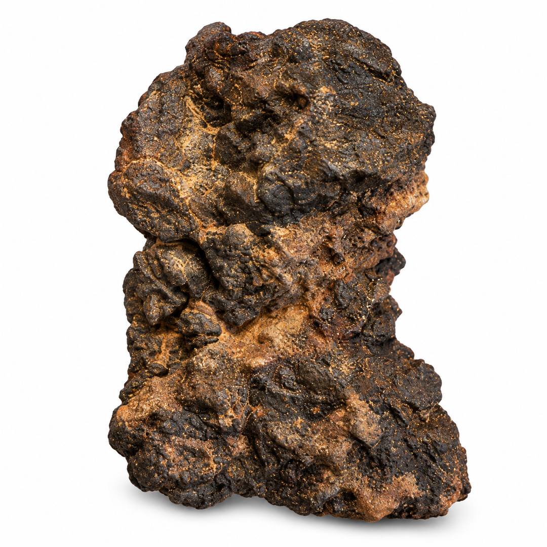 GeoFossils Ouargla 004 lunar meteorite specimen with a dark brown-black, heavily textured brecciated surface and warm tan mineral inclusions on a white background.