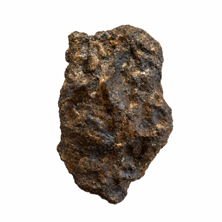 GeoFossils Ouargla 004 lunar meteorite specimen showing an irregular dark brown rocky surface with lighter tan and beige mineral fragments on a white background.