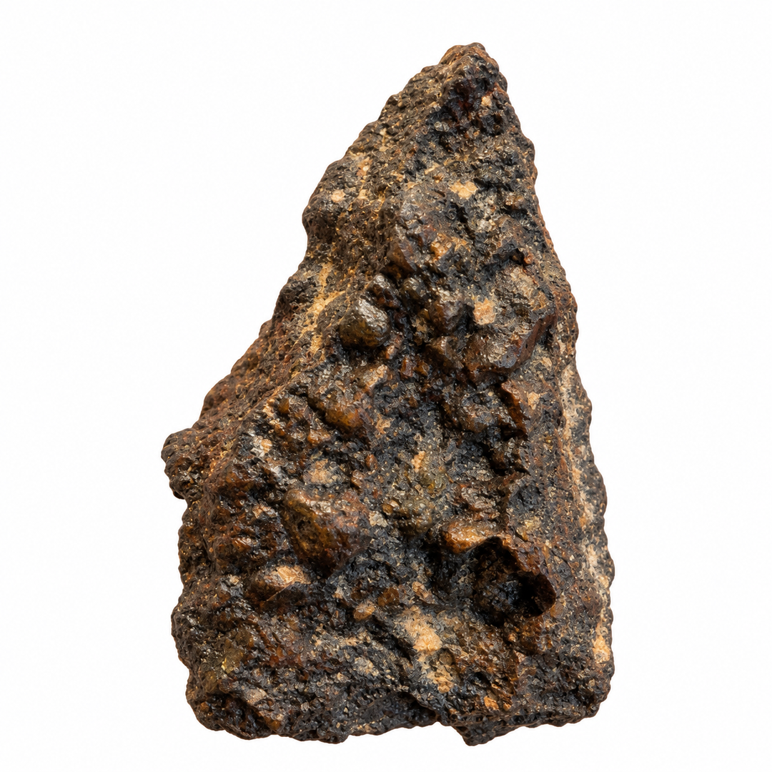 GeoFossils Ouargla 004 lunar meteorite specimen with an angular profile, dark brown-black brecciated texture and scattered lighter mineral inclusions on a white background.