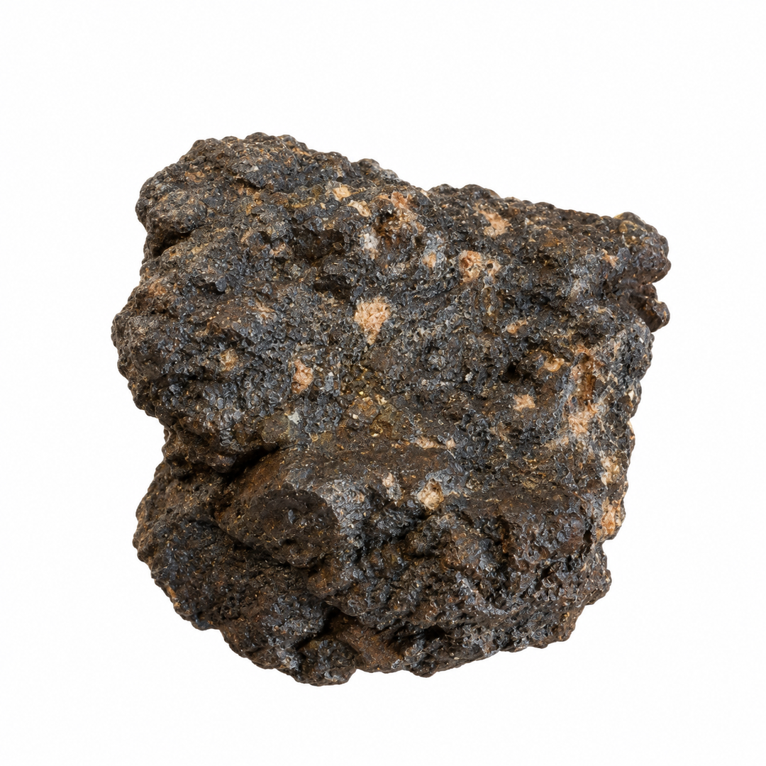 GeoFossils Ouargla 004 lunar meteorite specimen displaying a rounded, rugged dark surface with fine brecciated texture and pale tan mineral patches on a white background.