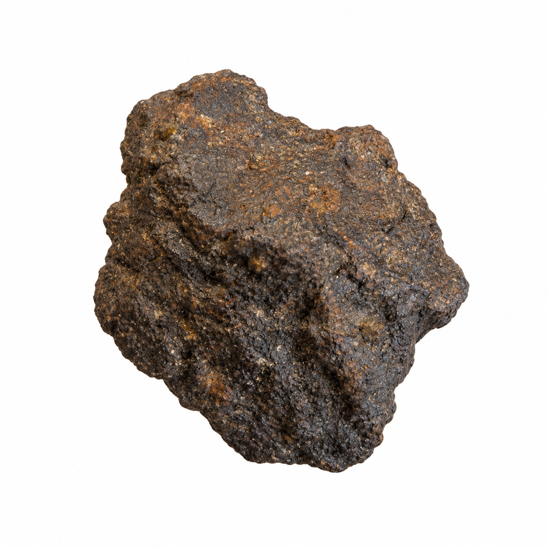 GeoFossils Ouargla 004 lunar meteorite specimen with a compact irregular shape, dark brown textured surface and subtle rusty-brown mineral variation on a white background.