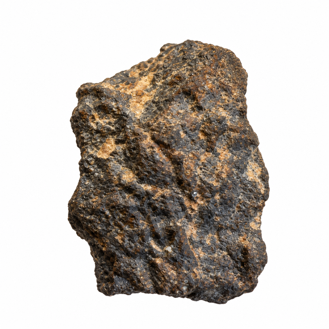 GeoFossils Ouargla 004 lunar meteorite specimen showing an elongated angular form with dark brecciated material and contrasting light tan mineral veins on a white background.