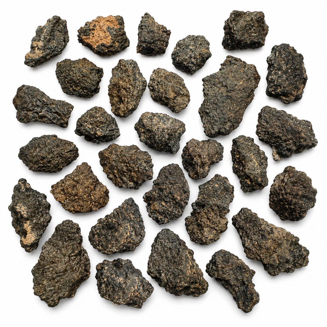Ouargla 004 Lunar Meteorite collection showing eight exact raw feldspathic melt breccia specimens from Algeria on a white background.