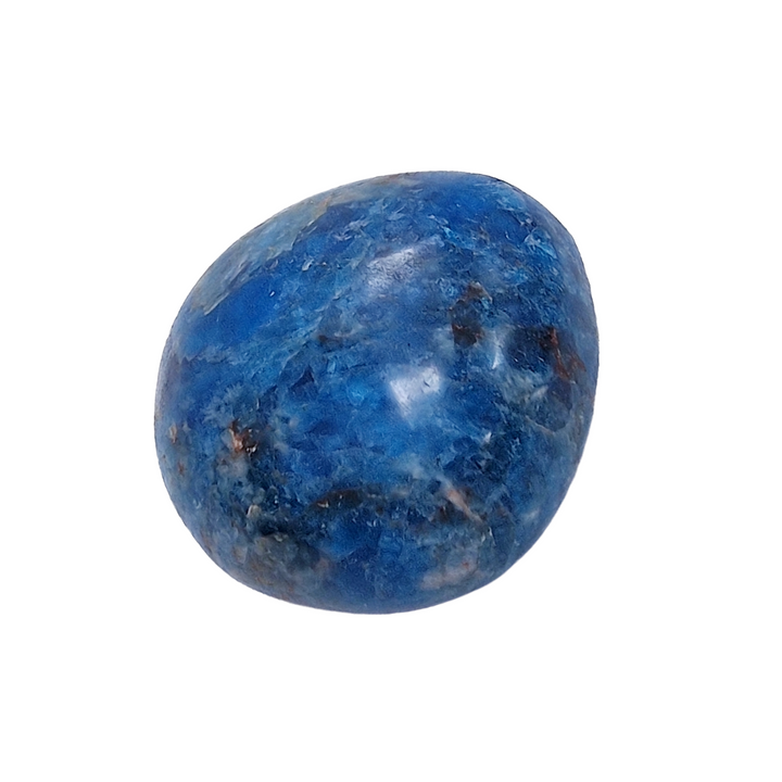 GeoFossils Blue Apatite Galet – exact polished crystal shown, deep blue phosphate mineral for manifestation, communication, and clarity. Hand-prepared in the UK.
