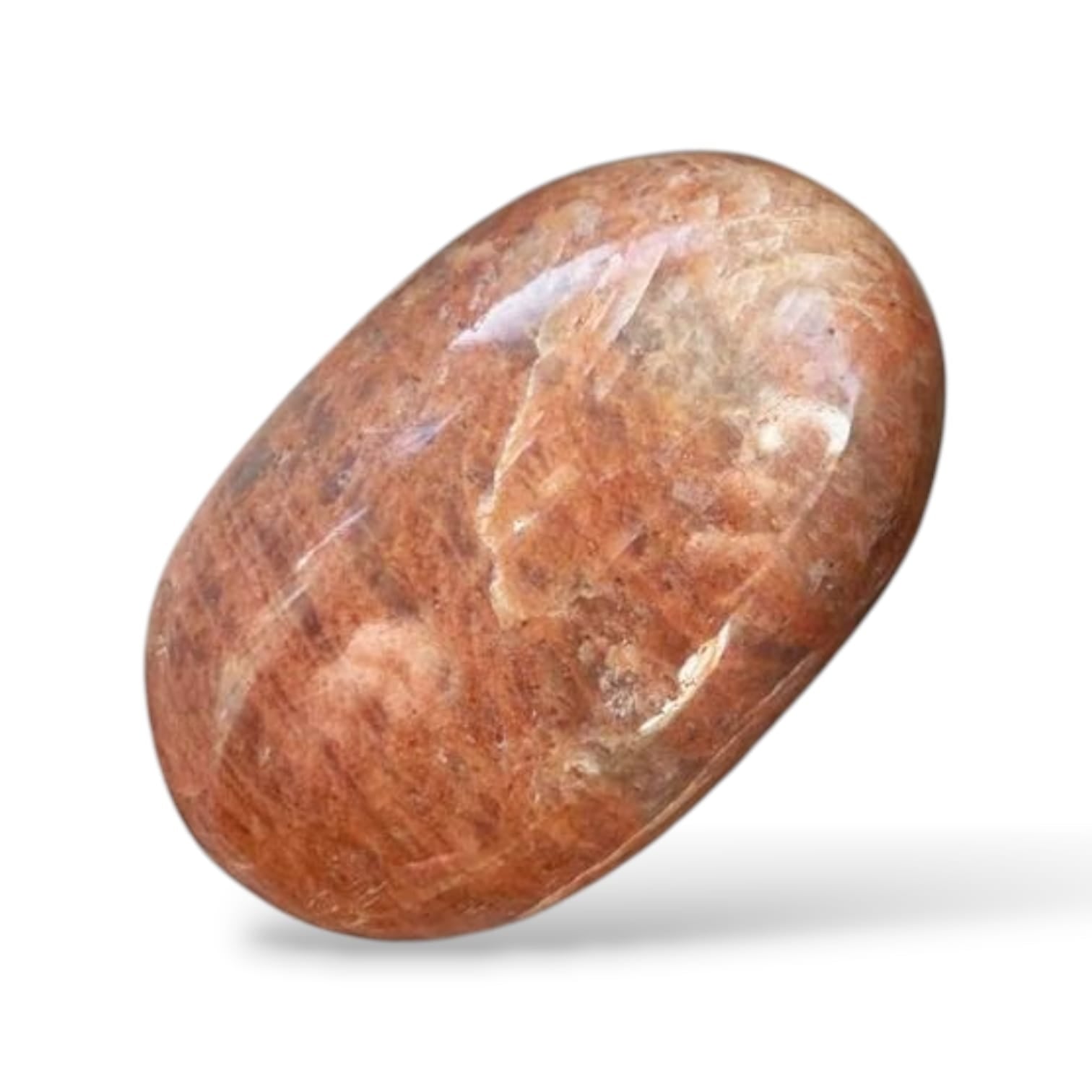 GeoFossils Peach Moonstone Palm Stone – a soft peach-toned crystal for emotional healing, balance, and divine feminine energy.