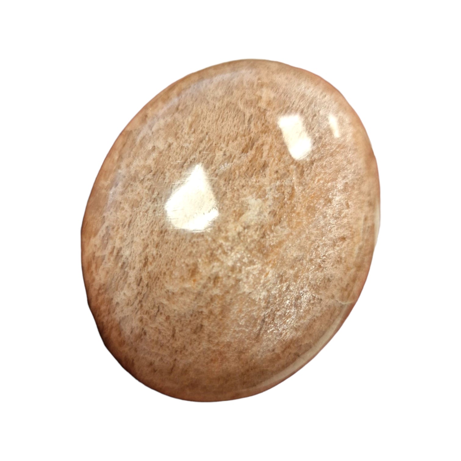 GeoFossils Peach Moonstone Palm Stone – a soft peach-toned crystal for emotional healing, balance, and divine feminine energy.