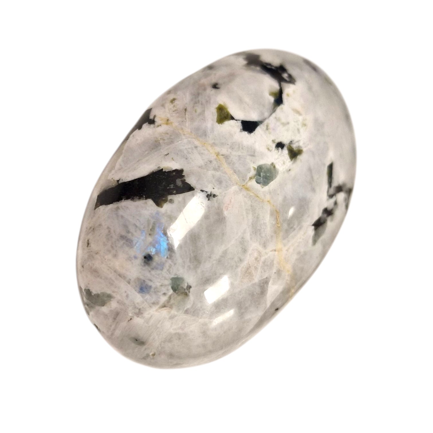 GeoFossils Rainbow Moonstone Palm Stone (Large) – a glowing white crystal with iridescent blue flashes for intuition, protection, and spiritual clarity.