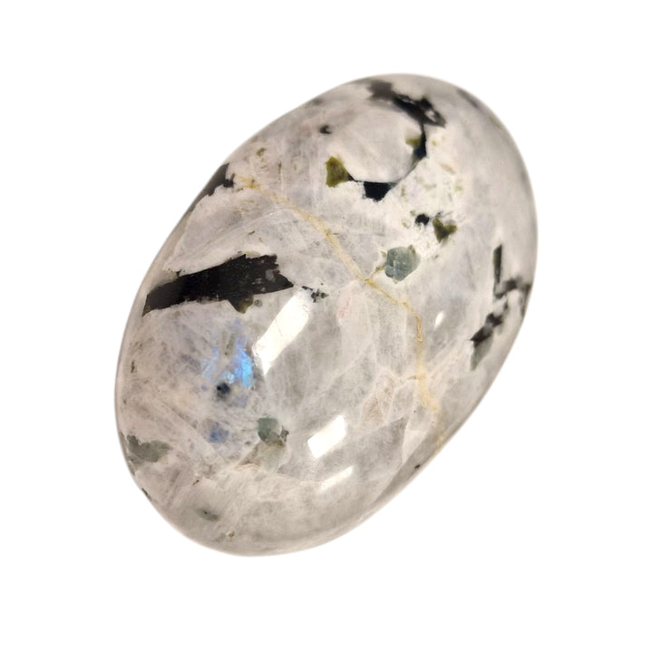 GeoFossils Rainbow Moonstone Palm Stone (Large) – a glowing white crystal with iridescent blue flashes for intuition, protection, and spiritual clarity.