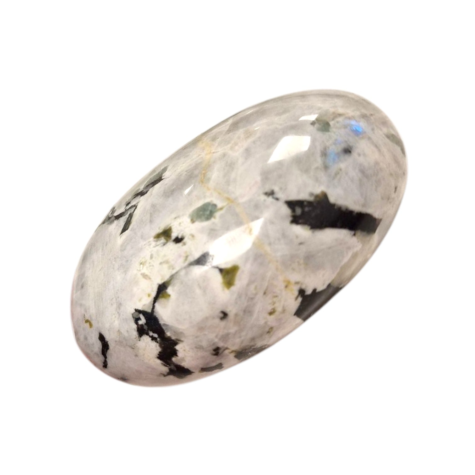 GeoFossils Rainbow Moonstone Palm Stone (Large) – a glowing white crystal with iridescent blue flashes for intuition, protection, and spiritual clarity.