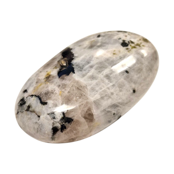 GeoFossils Rainbow Moonstone Palm Stone (Large) – a glowing white crystal with iridescent blue flashes for intuition, protection, and spiritual clarity.