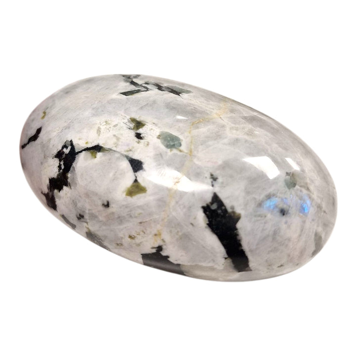 GeoFossils Rainbow Moonstone Palm Stone (Large) – a glowing white crystal with iridescent blue flashes for intuition, protection, and spiritual clarity.